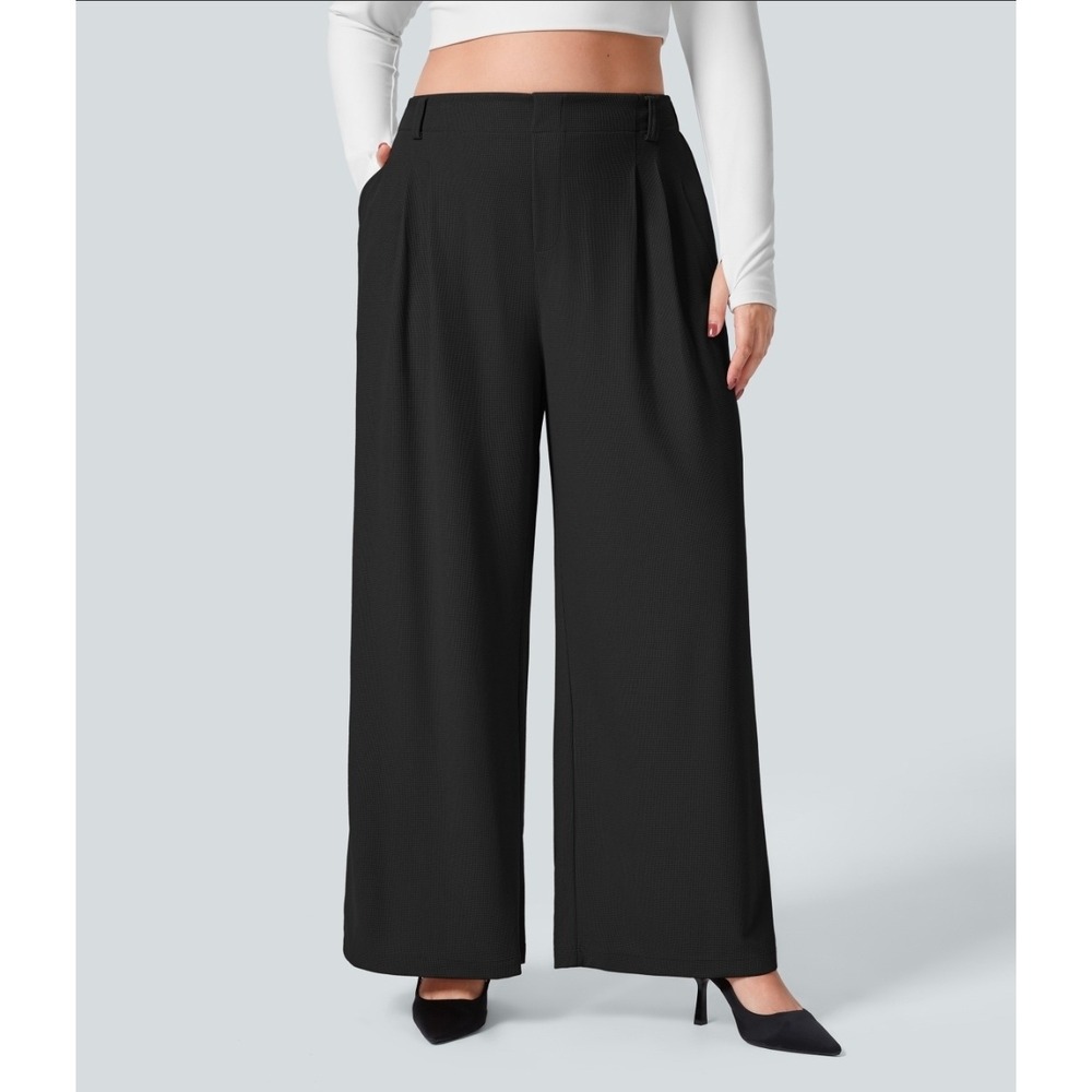 Halara Flex High Waisted Pocket Wide Leg Waffle Work Pants Black XXL 1X Petite
